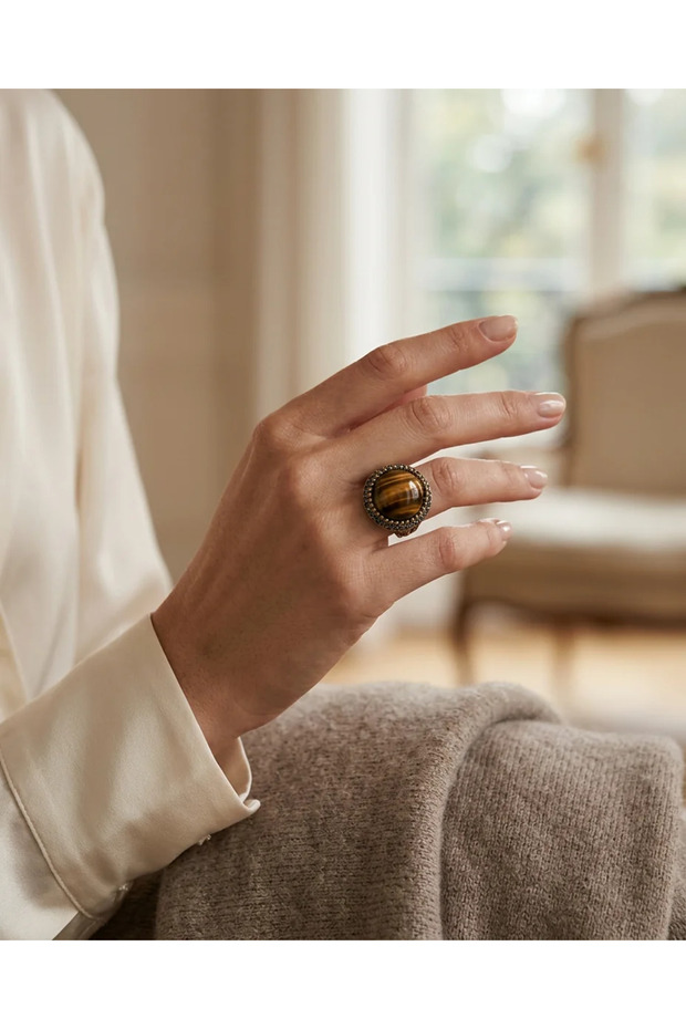 Bronze Vintage Women's Ring Authentic Copper Jewelry Tiger's Eye Stone Natural Stone