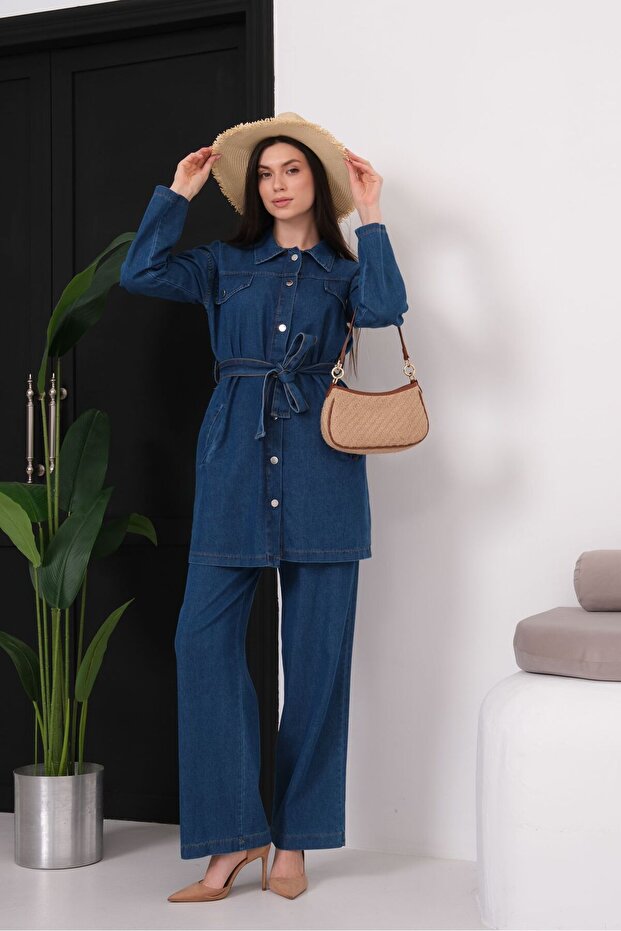 Dark Denim Two-Piece Set with Skirt – Oversized Jacket Casual Skirt