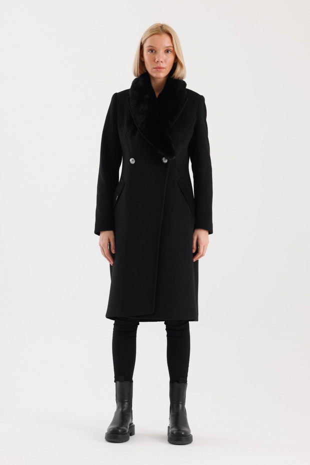 Fur Collar Pocket Detailed Cashmere Coat Black 13092