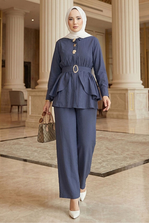 Belden Allerlli Gold Brooch and Trousers Two-Piece Suit Indigo