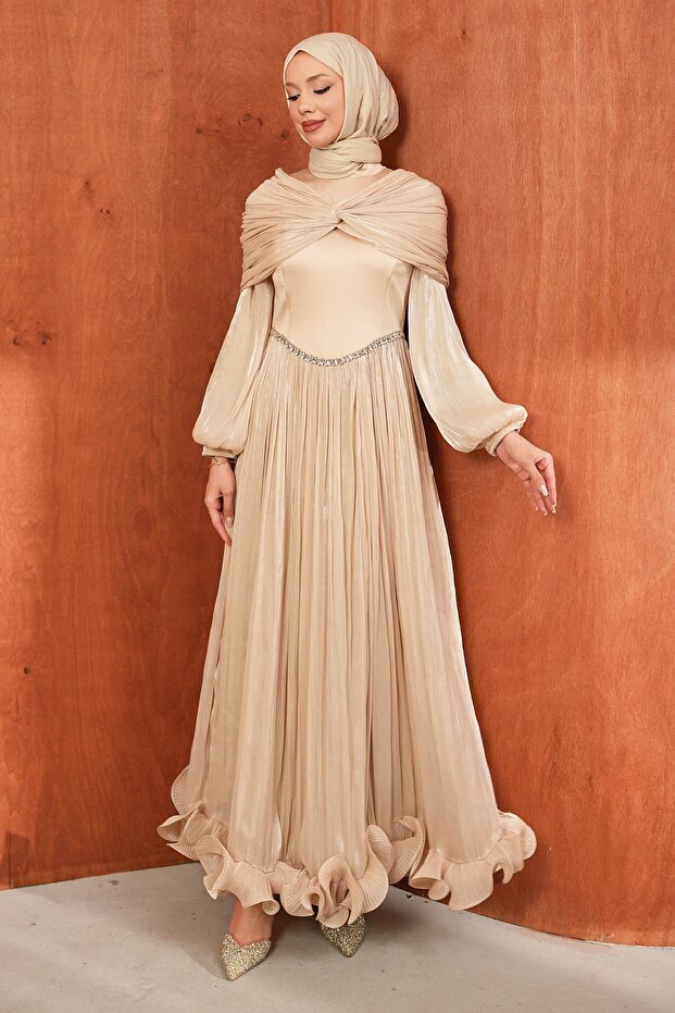 Beige Shoulder Detail Ruffled Skirt Evening Dress