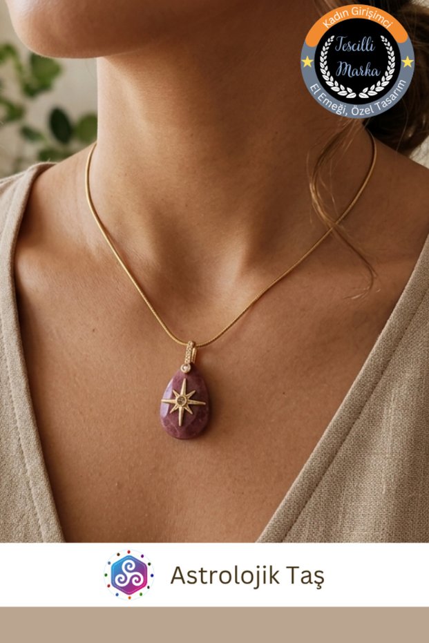 Rodonite Natural Stone Star Detailed Steel Necklace - Stone of Love and Balance