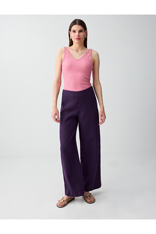 Purple 100% Linen Regular Leg Regular Waist Long Trousers