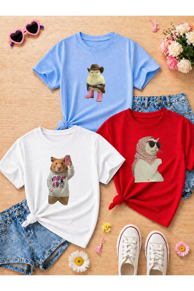 Cute Animal Figures Printed Oversize 100% Cotton Colorful Kids-Adult T-Shirt (Price for 3 Pieces)