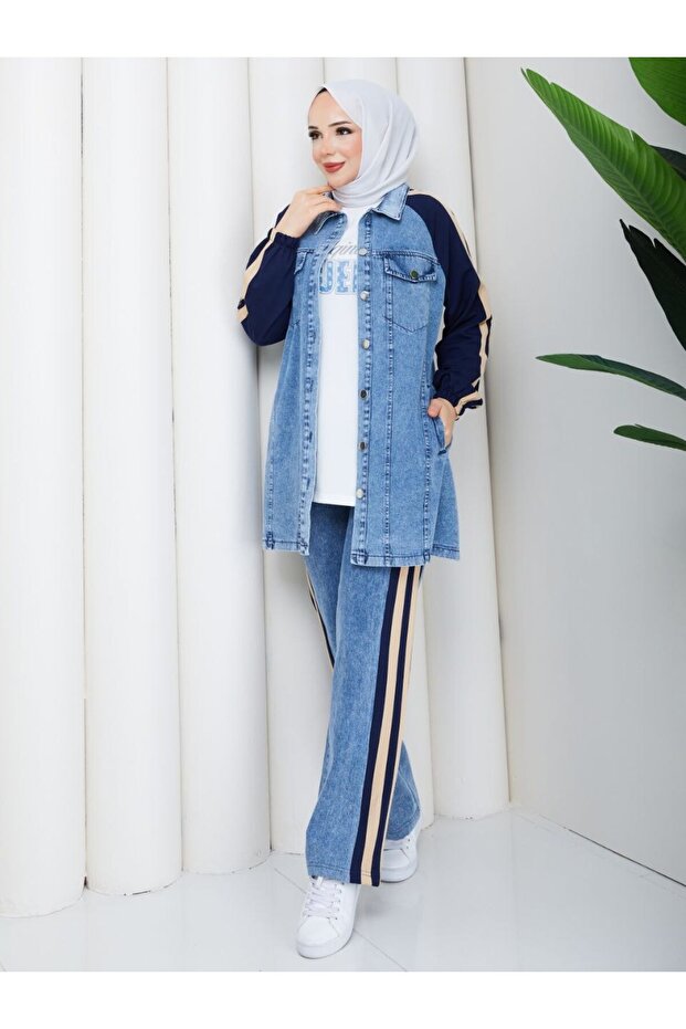 Women's 3 Piece Denim Suit Long Jacket Wide Pants Sport Stylish Combination N-05517 _ Navy Blue
