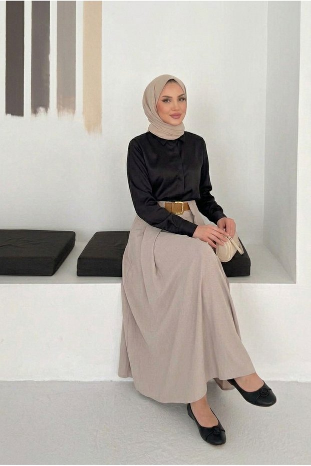 Women's High Waist Belt Detailed Pleated Long Skirt Stylish Combination Casual & Office Style