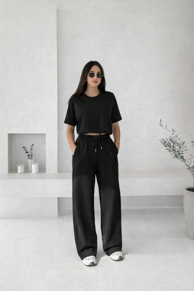 Morena Osho Fabric Women's Short Sleeve Summer Loose Wide Leg Two-Piece Modal Bottom Top Set 2026 Trend Black
