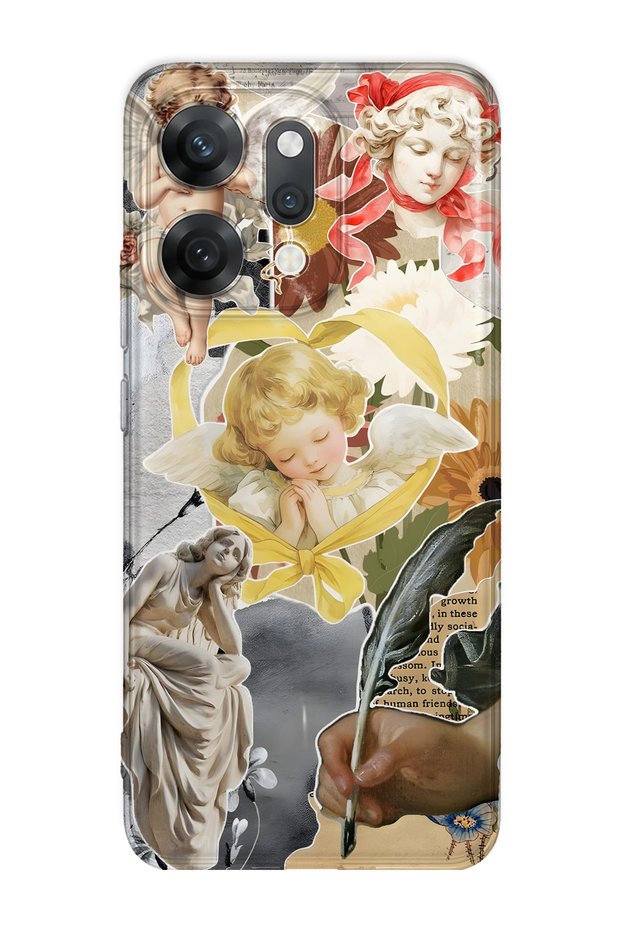 Oppo Reno 14 Compatible Angels and Sculpture Collage Pattern Transparent Phone Case
