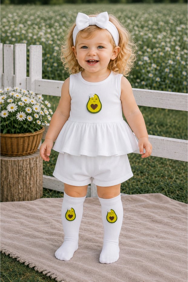 Baby Girl White Ribbed Shorts Set with Avocado Detail and Socks Set