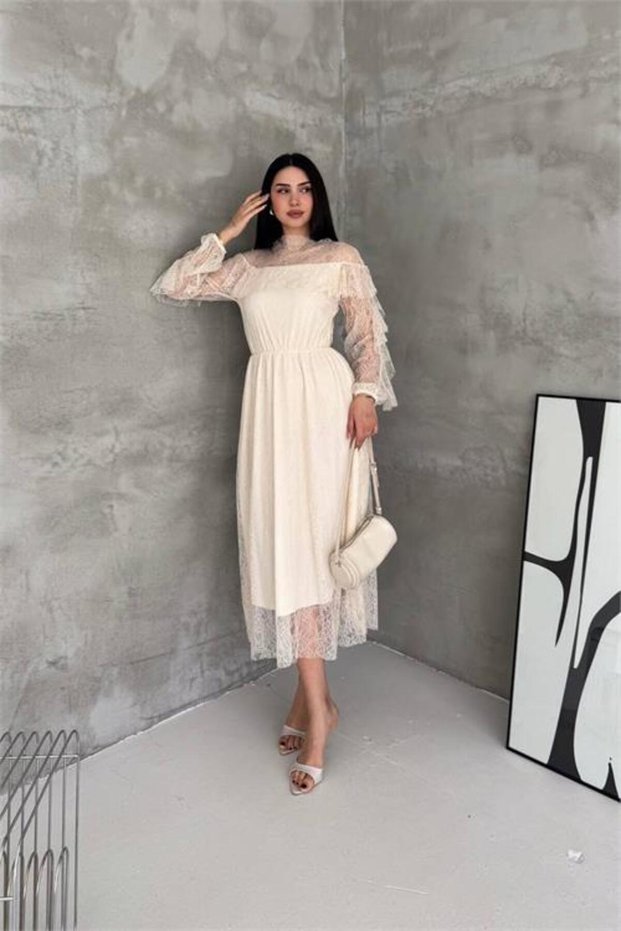 Women's Beige Transparent Lace Detailed Tulle Midi Dress --- Nbk4571