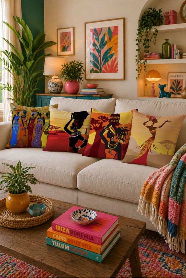 Ethnic Double-Sided Print Set of 4 Throw Pillow Covers with African Women Figures