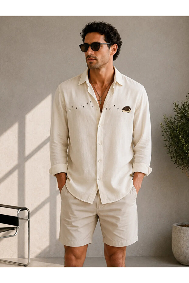 Oversize Embroidery Detailed Cotton Woven Cream Shirt