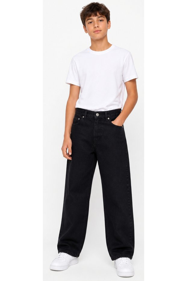 Boy's Baggy Model Zipper Closure Waist Elastic Adjustable Black Color Jeans Trousers