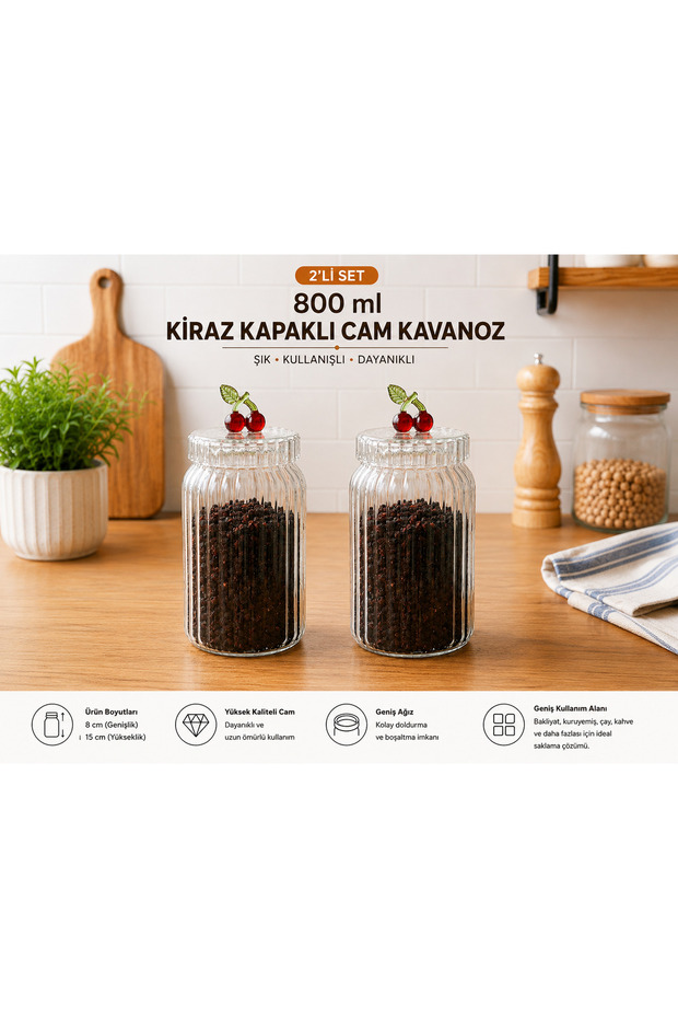 2 قطعة من الجرة الزجاجية المخططة سعة 800 مل مع غطاء على شكل كرز | وعاء تخزين الطعام المزخرف للمطبخ