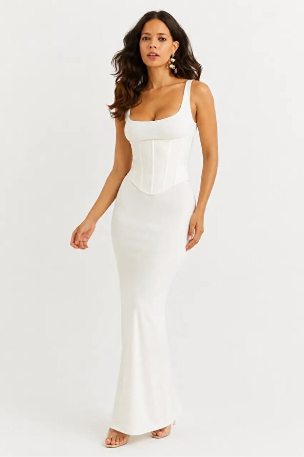 White Tone Corset Detailed Maxi Dress