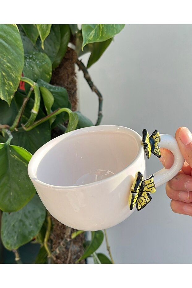 Handmade Ceramic Mug with Green Butterfly Figure