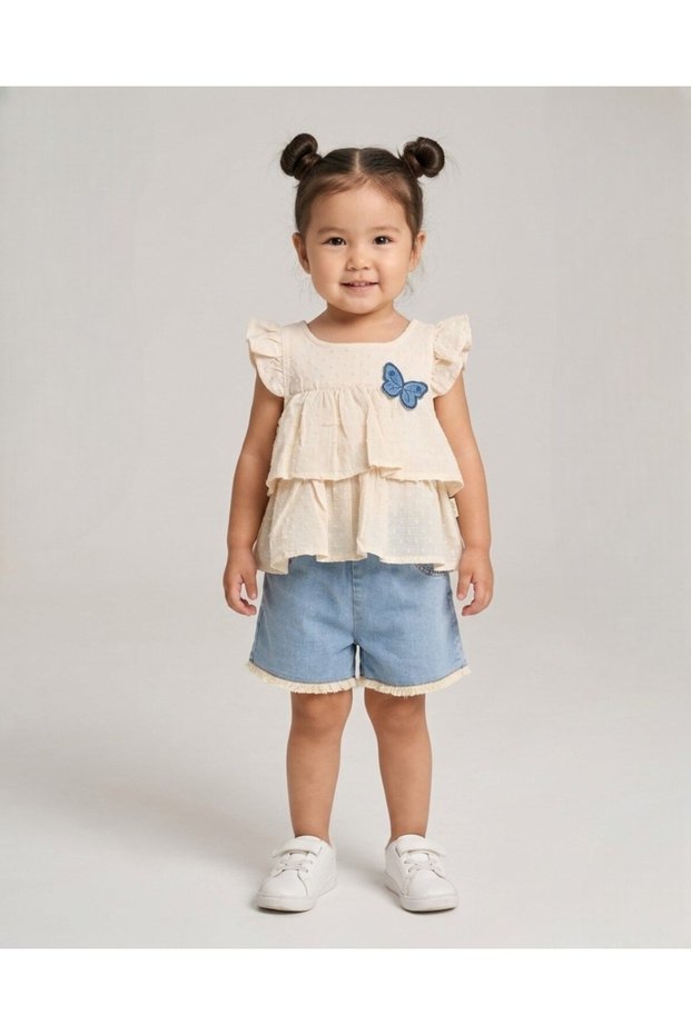 Girl's Festive Butterfly Detailed Pompom Blouse and Denim Shorts Stylish 2-3-4-5 Years Old 2-Piece Set