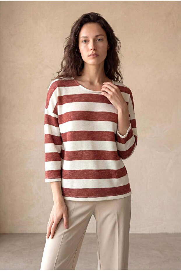 Women's Relaxed Fit Crew Neck Viscose / Elastane Long Sleeve Brown / Ecru Striped Off-Shoulder Blouse Wilda