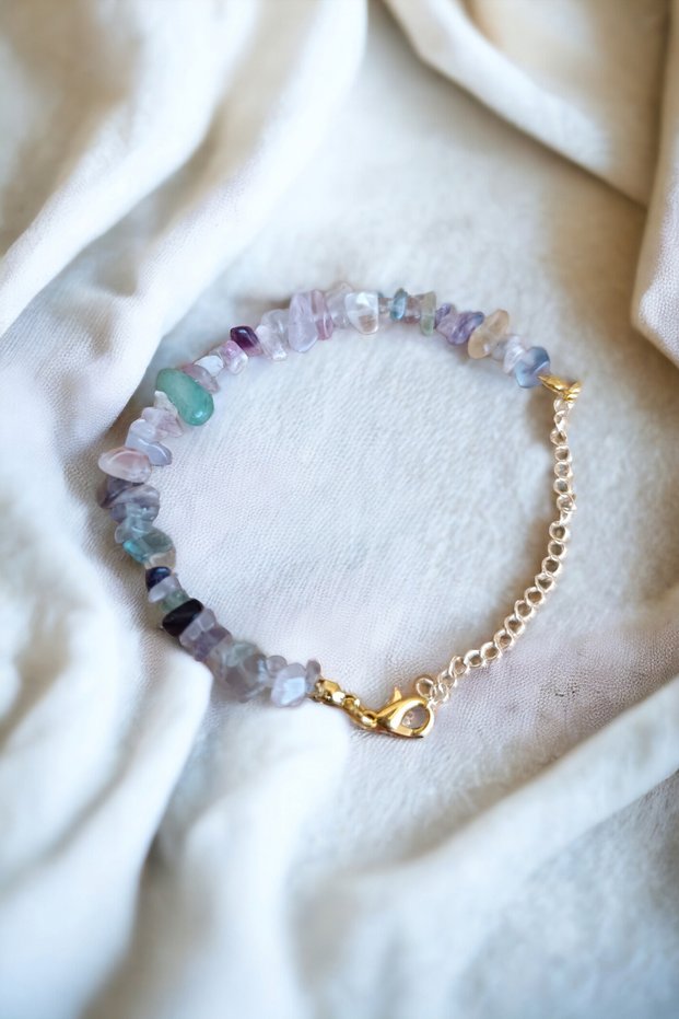 Fluorite Stone Broken Stone Bracelet Real Natural Stone Brass Plated Certified Bracelet with Extension Chain