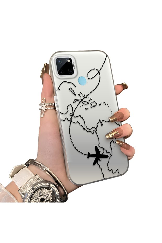 Realme C21Y/C25Y Compatible Travel-Themed Map Airplane Printed Impact-Resistant Hard Case
