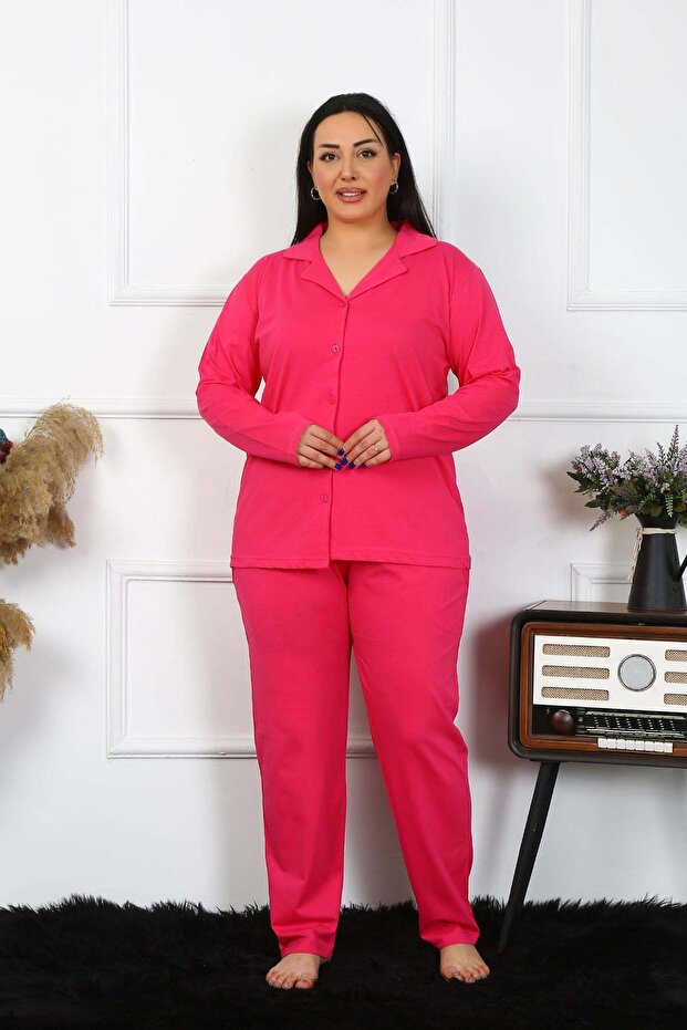 Women's Plus Size Cotton Pocket Buttoned Fuchsia Pajama Set 202401