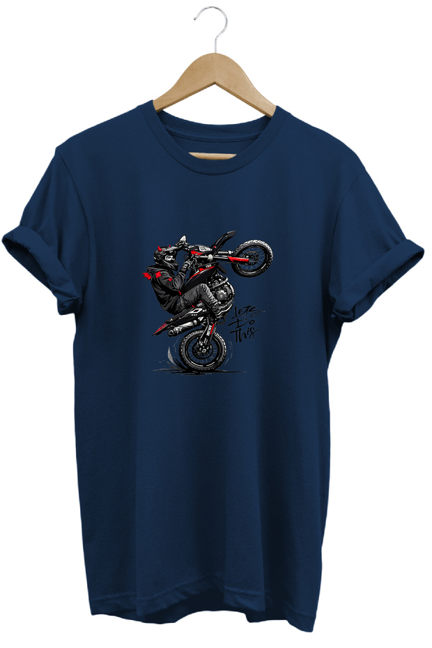 Unisex Motorcycle Single Wheel Printed Oversize Crew Neck T-Shirt
