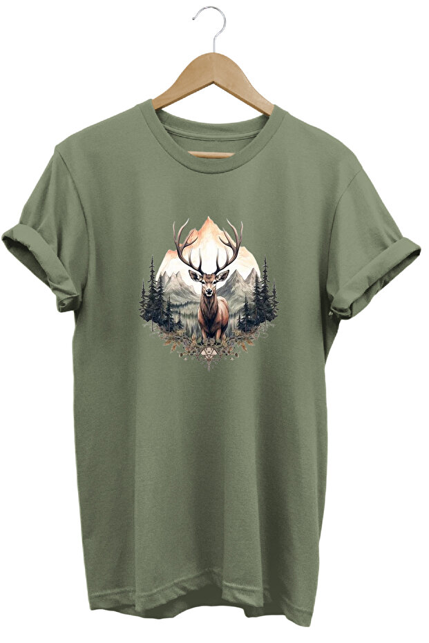 Unisex Deer and Mountain View Printed Crew Neck T-Shirt