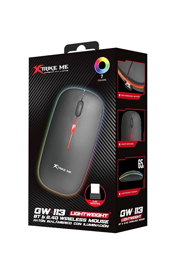GW-113 Wireless Dual Modes Mouse, Ergonomic Design, Adjustable DPI, Silent Clicks, Rechargeable Battery