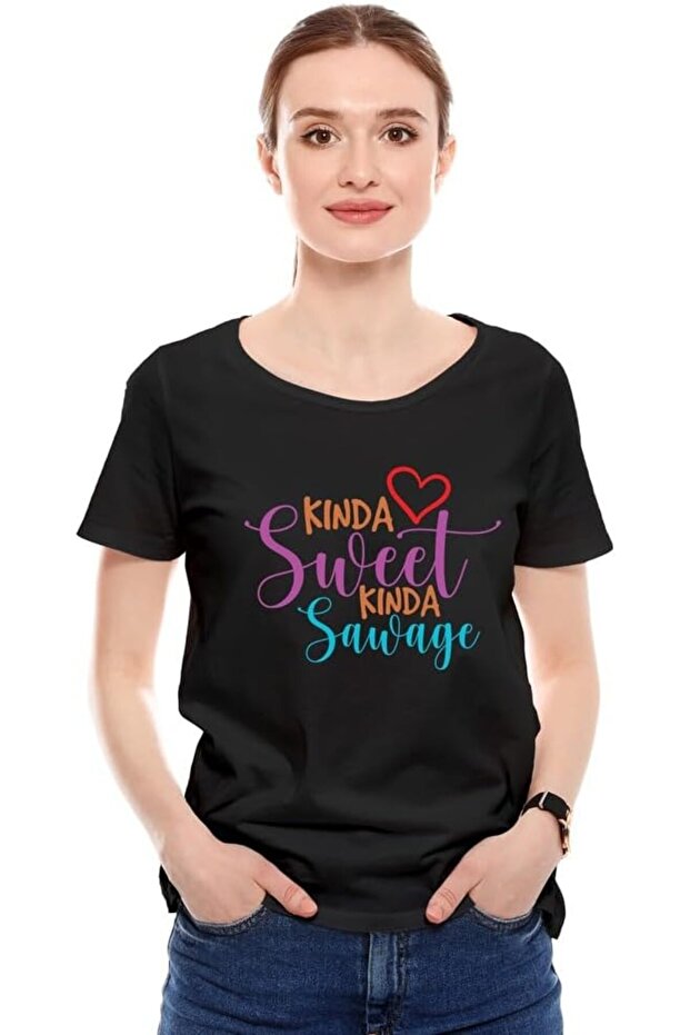 Women's Printed Design T-Shirt(KINDA SWEET KINDA SAWAGE)| Round Neck Regular Fit T-shirt