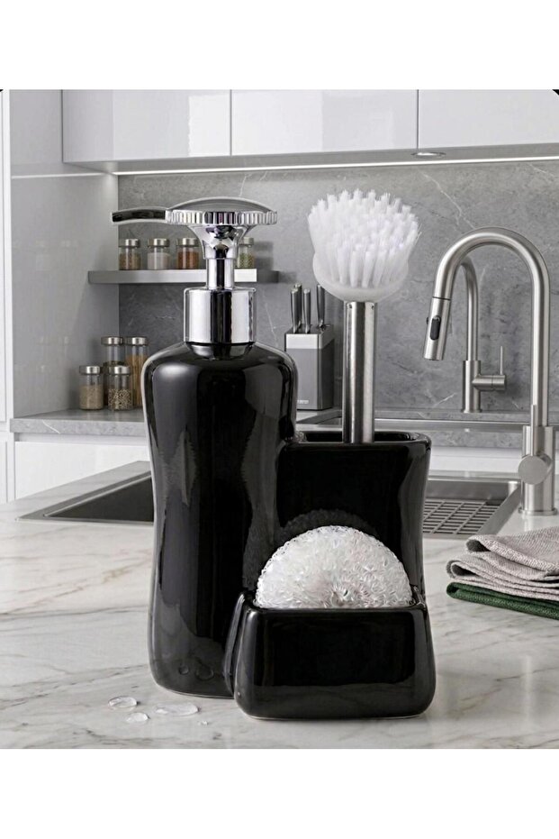 Porcelain Countertop Liquid Soap Dispenser Set with Brush and Sponge 550 ml