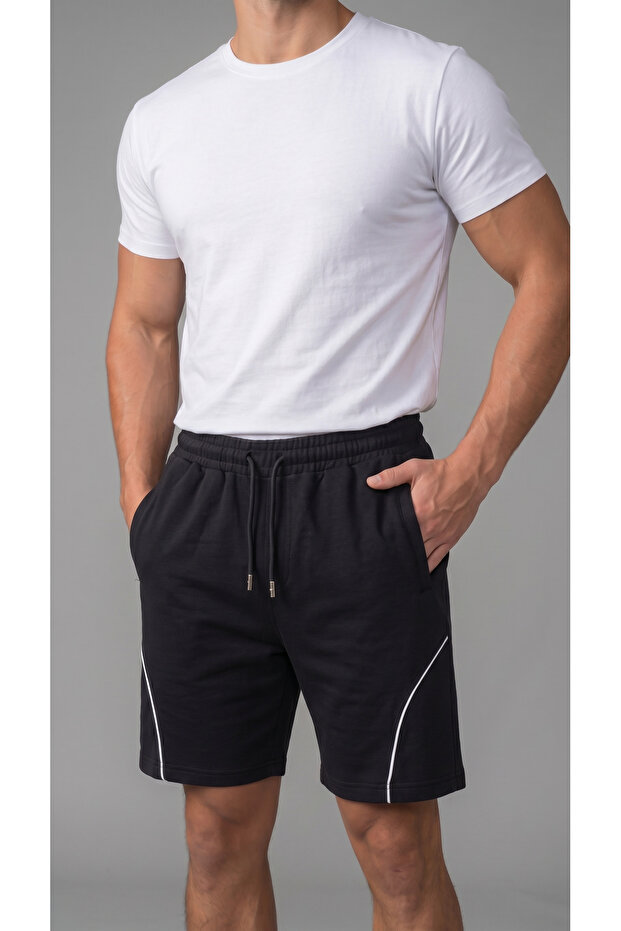 Men's Black Color Front Piping Shorts with Back Pockets and Zippered Front Pockets