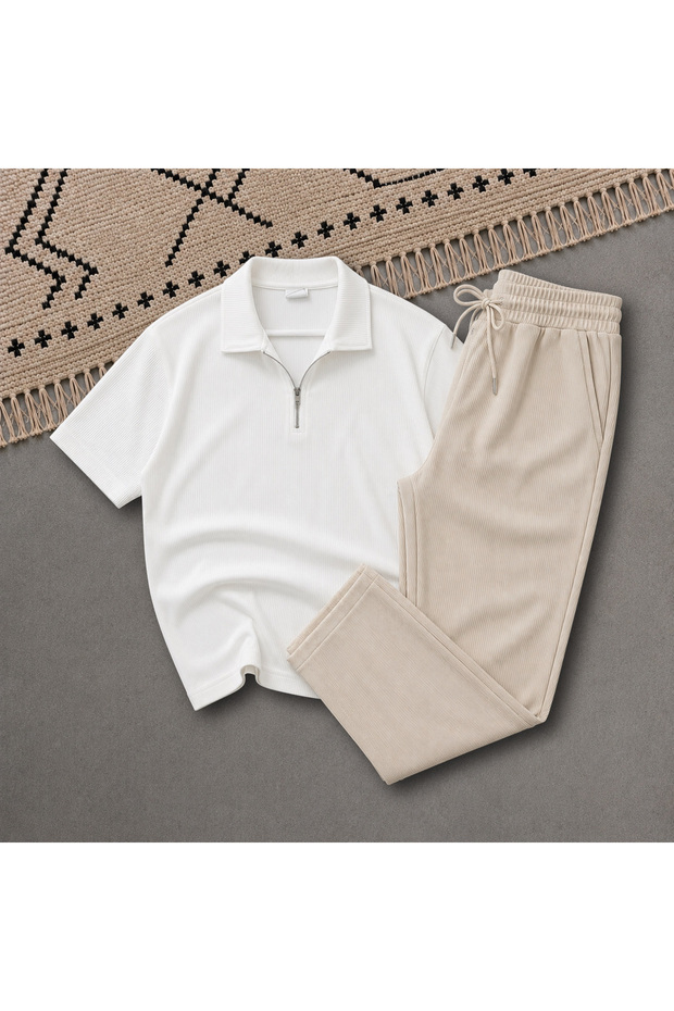 New Season Premium Fabric Ribbed Ottoman Summer Zippered T-Shirt and Sweatpants 2-Piece Set