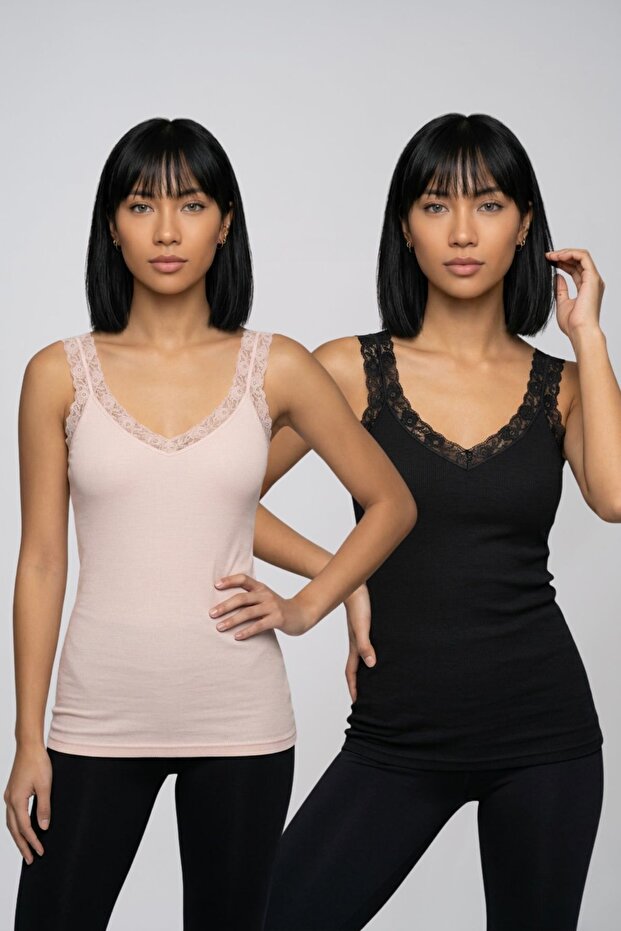 2-Pack Women's Lace Detailed V-Neck Thick Strap Camisole Self-Bra Cotton Undershirt Casual Stretch Covered Underwear Set