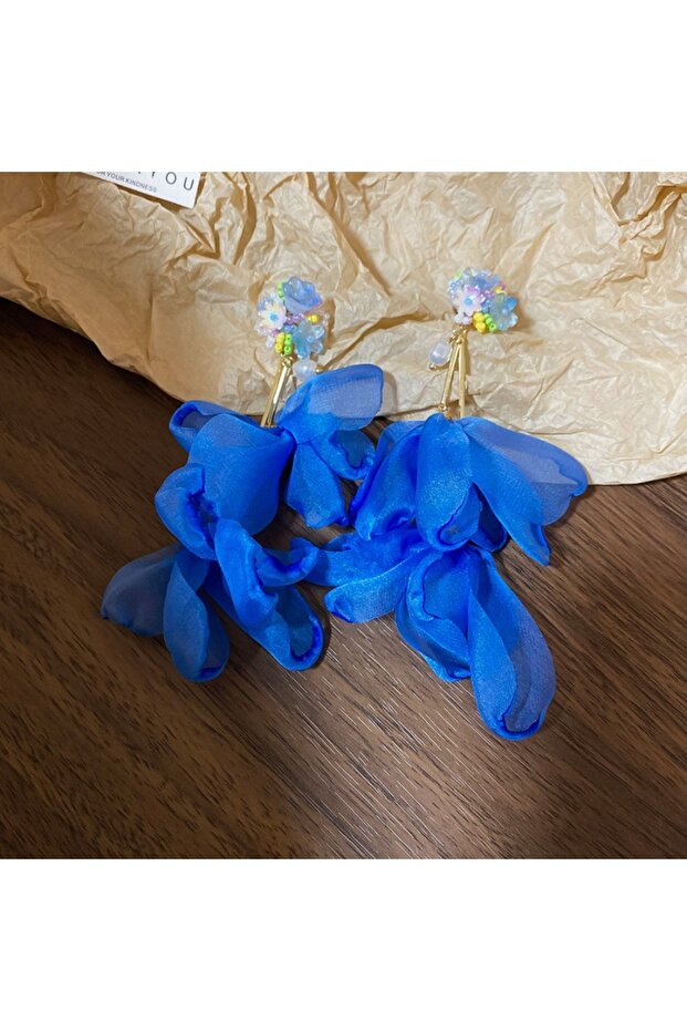 Chiffon Blue Resin Chiffon Flower Dangle Earrings for Women Beach Vacation Windshield Beads Long Ear