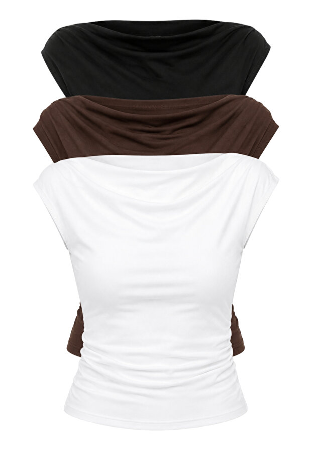 Women's White Black Coffee Degaje Collar Side Gathered Detailed Lycra Triple Blouse 6157 60286227
