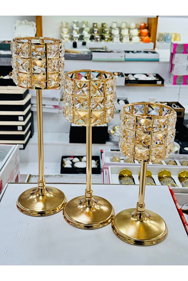 3 Lü Taşlı Şamdan Mumluk Gold