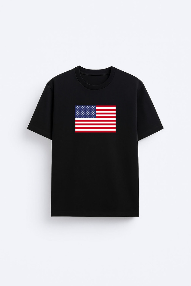 America Printed Crew Neck Black T-Shirt