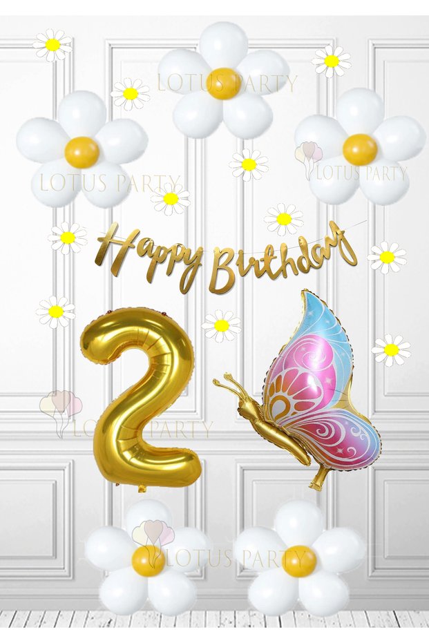 Butterfly Daisy Set - Butterfly Foil Balloon - Daisy Balloon Daisy Banner - Gold Number 1 Year Old