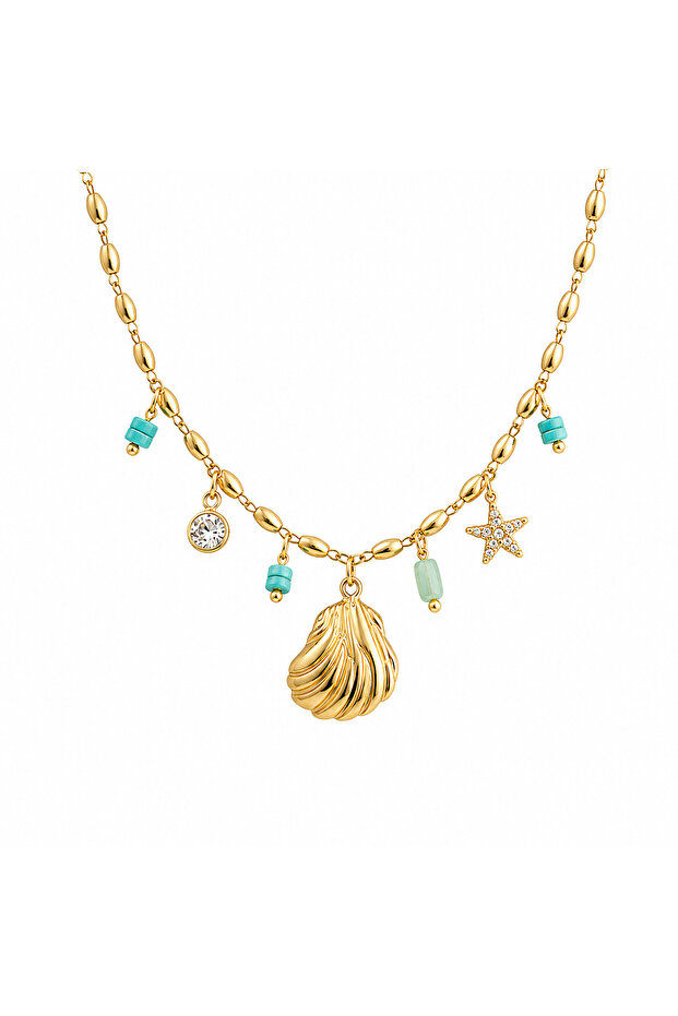 Charm Necklace with Steel Sea Shell and Turquoise Detail