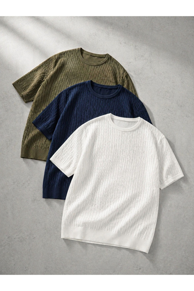3 Pieces Men's Striped Premium Summer Knitwear T-Shirt
