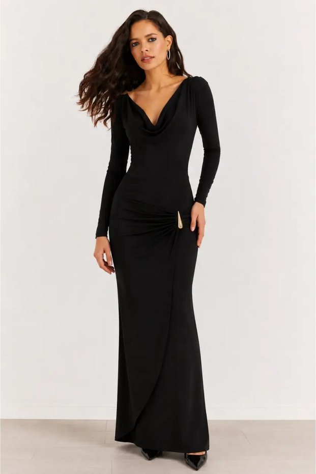 Black Evening Dress with Shoulder and Waist Detail