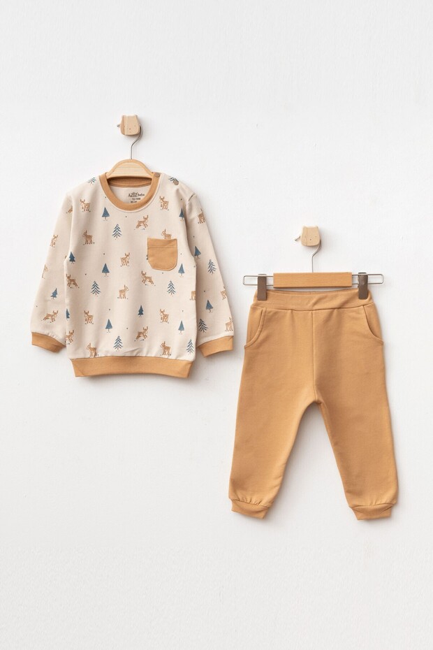 Baby Boy Deer Patterned Sweatshirt Pants 2-Piece Top and Bottom Baby Set 3 Months - 36 Months