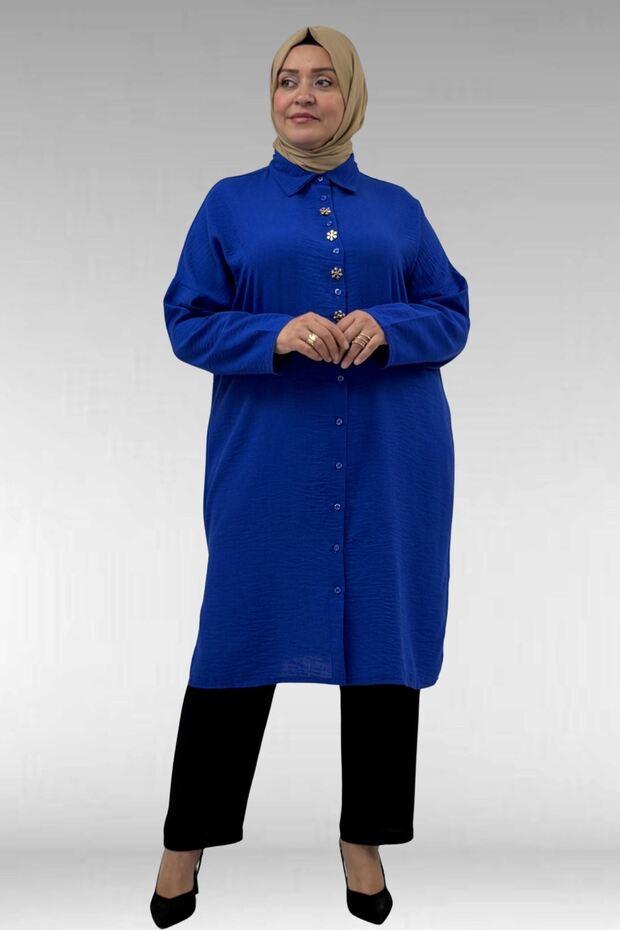 68037 Plus Size Linen Tunic with Accessory Detail - Cobalt blue