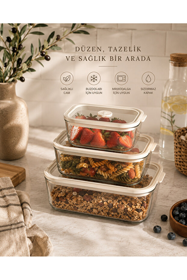 Set of 3 Borosilicate Glass Storage Containers with Silicone Gaskets and Leak-Proof Lids – Vacuum Refrigerator Organizer