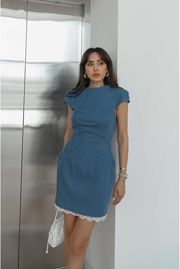 Blue Denim Dress with Lace Detail under the Bust