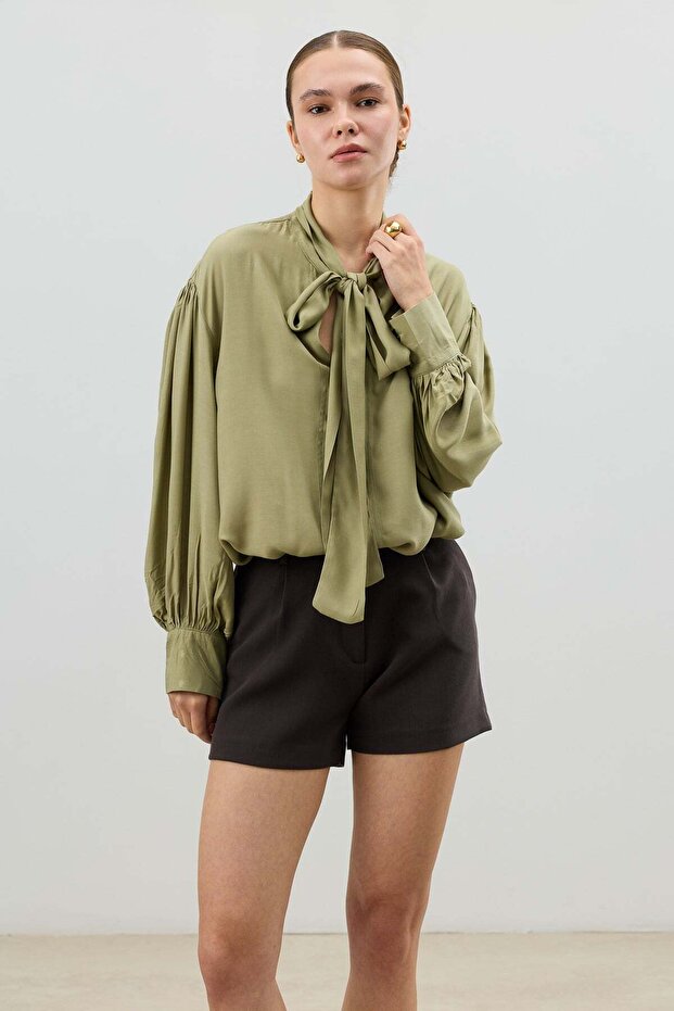 Khaki Bow-Tie Draped Women's Shirt