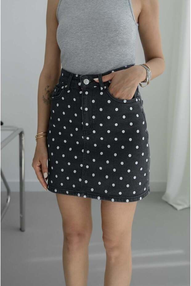 Gray Faded Effect Polka Dot Denim Skirt