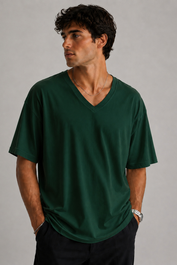 Basic V-Neck Unprinted Unisex Oversize T-Shirt – Cotton Casual Daily T-Shirt