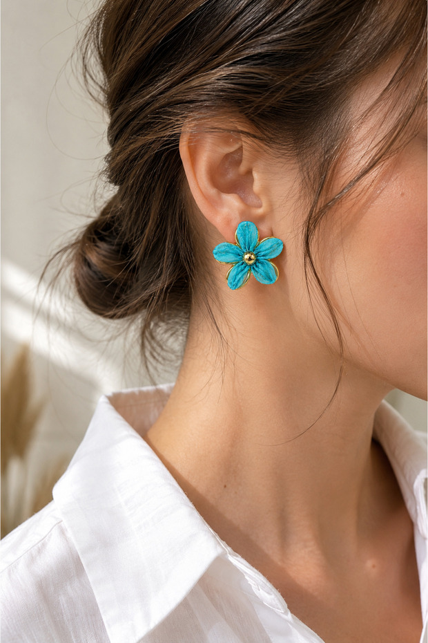 Women's Flower Earrings Tulle Textured Premium Design Stylish Gold Detailed Earrings
