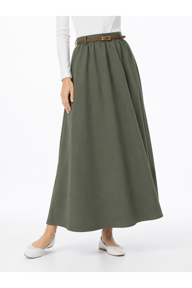 Drawstring Belt Detail Soft Skirt-Khaki